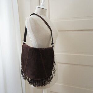 Polo Ralph Lauren Dark Brown Suede Half Moon Fringe Shoulder Bag NWT
